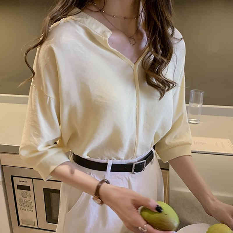 Casual Loose V Neck Blouse Women Summer Pullover Ladies Tops Blusas Office Plus Size Solid Elegant Chiffon Shirt 9998 210506
