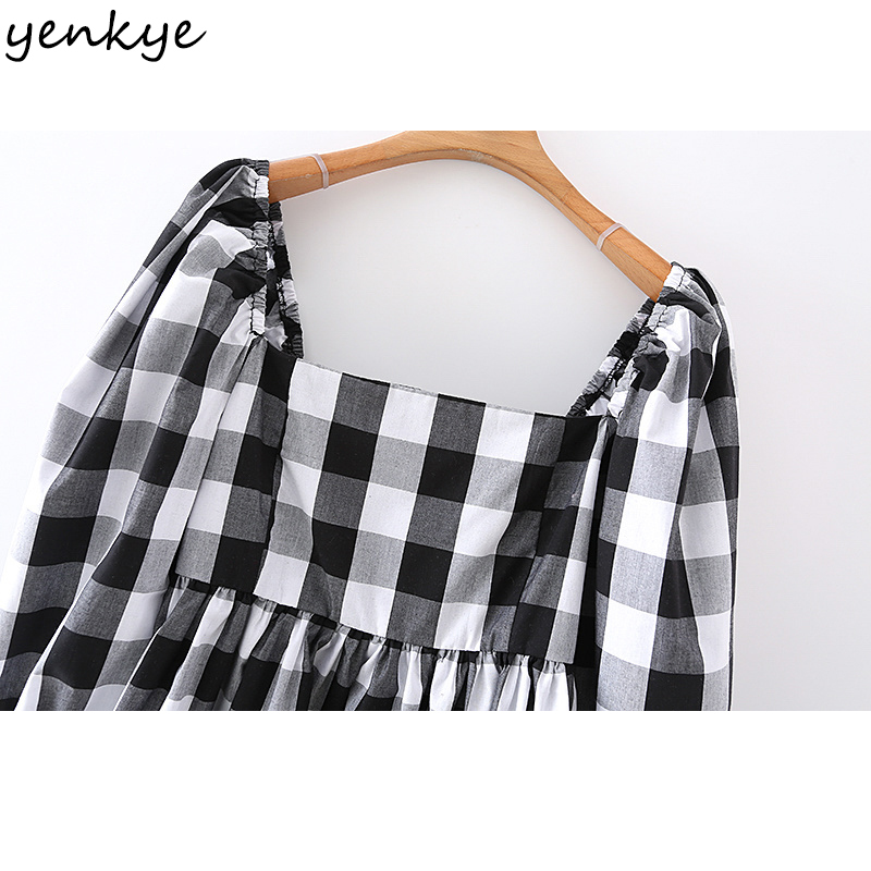 Vintage Plaid Dress Elegant Women Sexy Square Neck Puff Sleeve A-line Cotton Casual Summer Short Vestido 210430