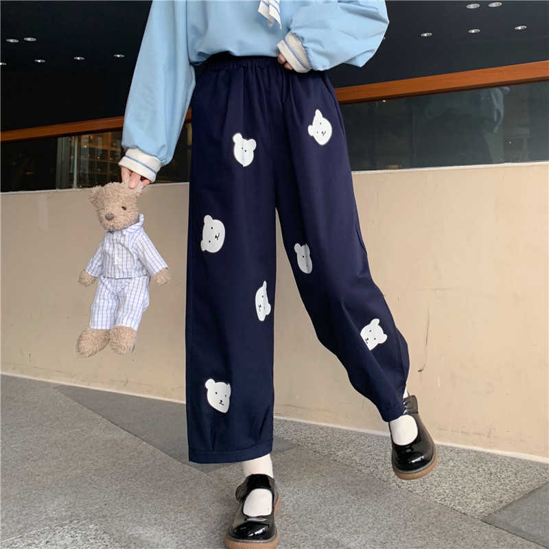 Japanese Kawaii Soft Girl Cute Bear Printing Women Pants Basis Wild High Waist Loose Trousers Elastic Waist Casual Student Pant 211006