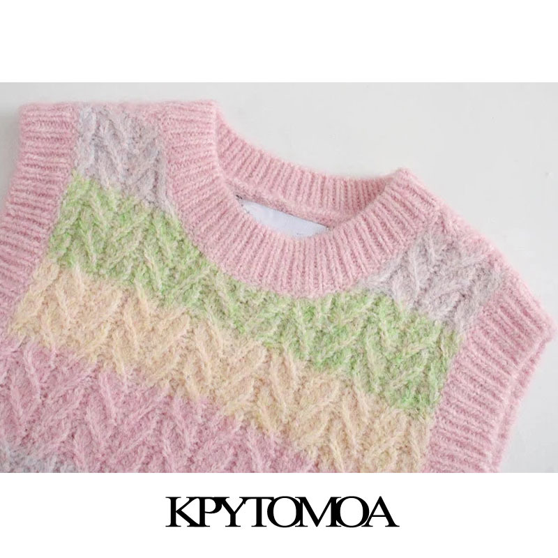 Women Sweet Fashion With Ribbed Trims Striped Vest Sweater O Neck Sleeveless Female Waistcoat Chic Tops 210420