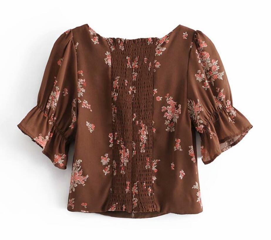 Vintage France Back Elastic Ruched Coffee Floral Print Shirt Bow Crop Tops Women Chiffon Short Puff Sleeve Blouse 210429