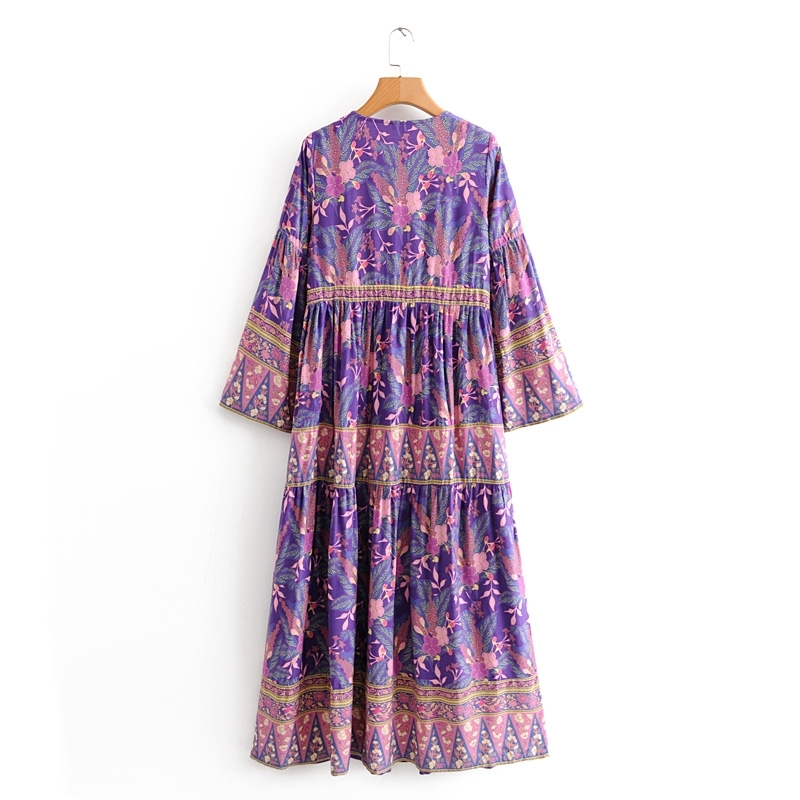 beauty Fashion Boho Vintage Floral Print Maxi Dress Women Beach Chic Pagoda Sleeve Dresses Female Vestido De Moda 210514