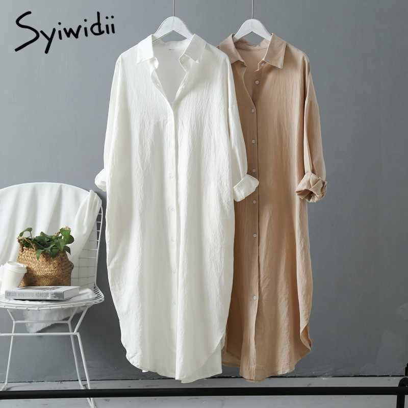 Syiwidii Woman Long Shirt Dress Cotton Korean Clothing White Boho Beach Big Maxi Blue Summer Autumn Oversized Pure Dresses 210721