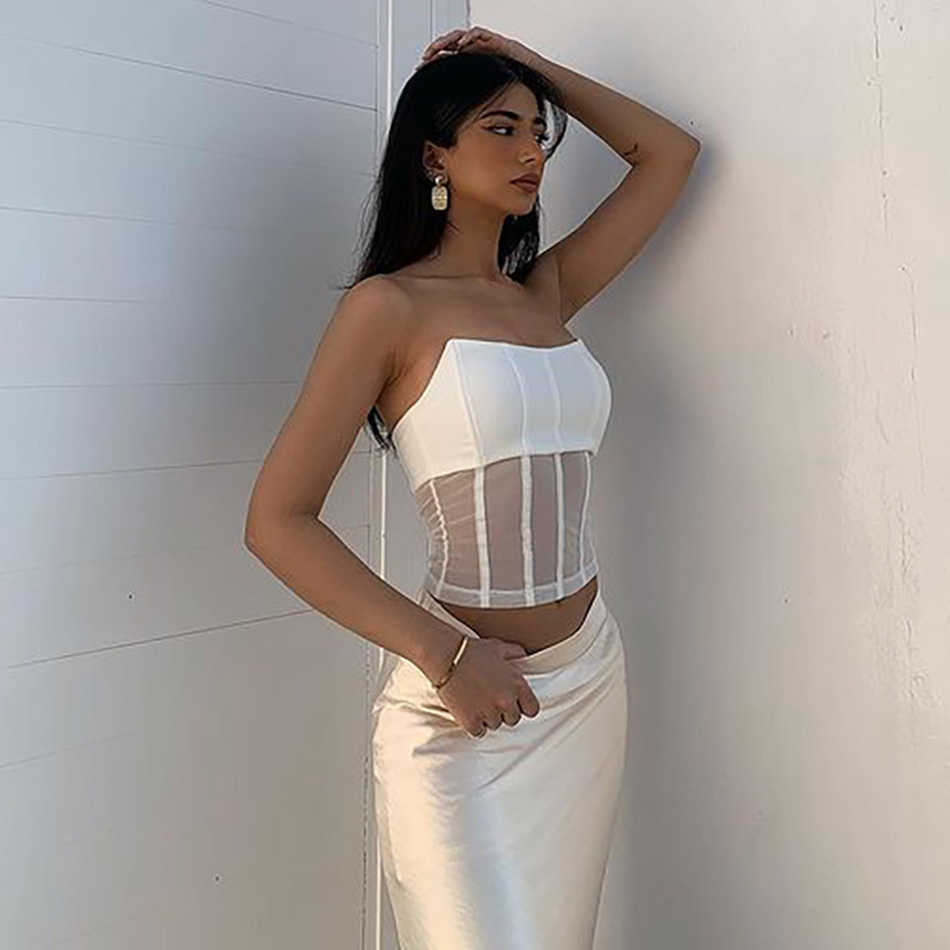 Women's Mesh Transparent Patchwork Top Sleeveless Strapless Party Corset Sexy Halter Vest 210527