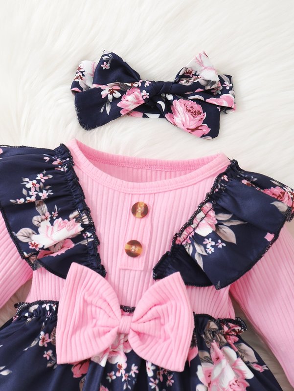 Baby 2 In 1 Floral Ruffle Trim Bow Front Dress & Headband SHE
