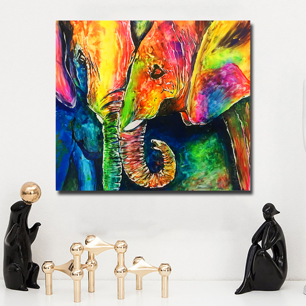 Colorful Elephant Couple Painting Picture Animal Art For Living Room Home Wall Decoration Poster Printed On Canvas