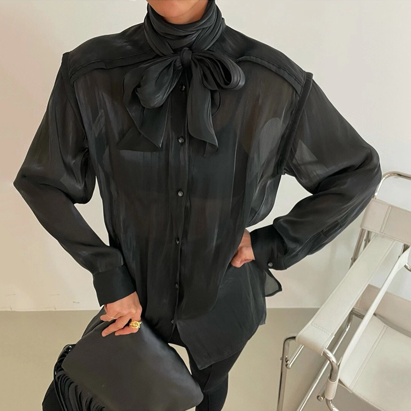 Nomikuma Sexy See Through Women Shirt Korean Bow Bandage Collar Top Blusas Spring New Long Sleeve Causal Blouse Mujer 6D895 210427