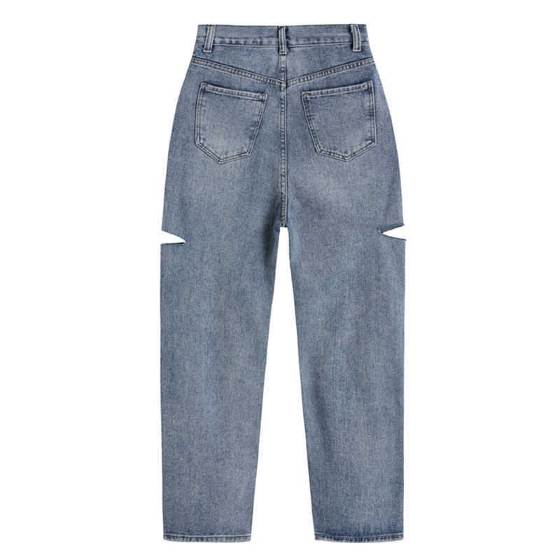 High Waist Women Ripped Jeans Straight Casual Streetwear Spring Fashion Iong Pants Baggy Blue Versatile Denim Trouser 210922