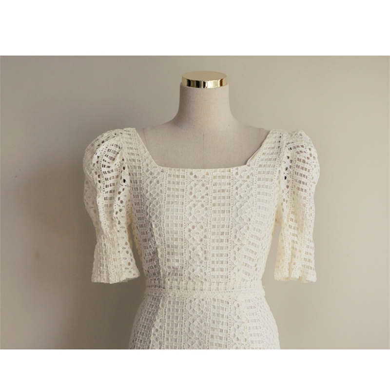 Fashion Korean Temperamen Summer Dresses Women's Square Neck Slim Lace Hollow Out Trumpet Mermaid Dress 210520