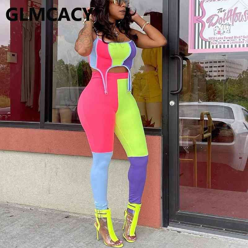 Two Piece Sexy Streetwear Suits Patchwork Sleeveless Strap Crop Tops & Slim Pants Sets Active Tracksuit Summer Outfits 210702