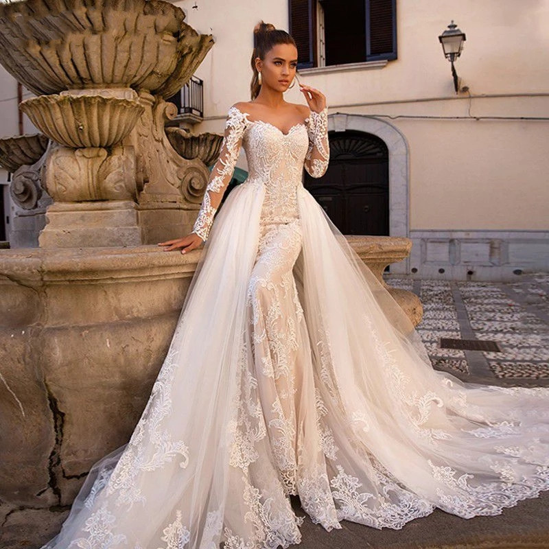Long Sleeves Vintage Mermaid Wedding Dresses with Detachable Skirt 2 in 1 Luxury lace applique garden farm bridal gowns robes