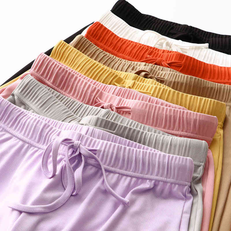 Women wide leg long Pants with pockets Summer Casual Soft Ice Silk Wide Leg elastic waist Trousers pants 210524