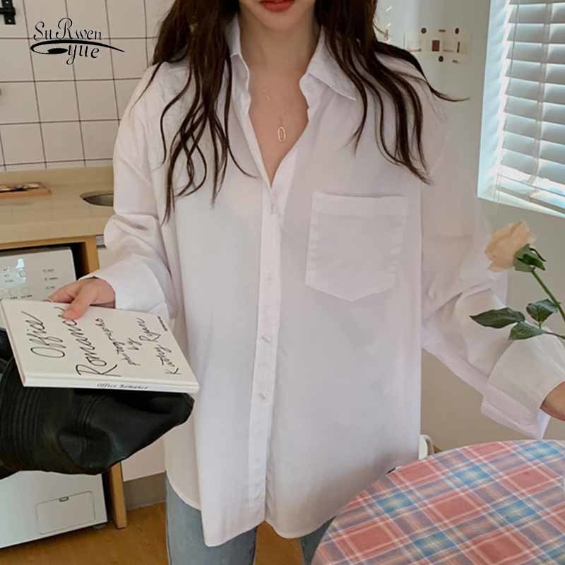 Korean Loose Office Lady White Shirt Pocket Button Up Lapel Tops Long Sleeve Casual Plus Size Clothing for Women Blusas 12729 210508