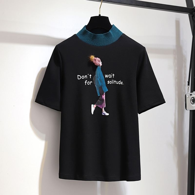 Summer Half Turtleneck Appliques Cartoon Character Letter Print T-shirt And Long Ball Gown Tulle Skirt 2 Piece Sets 210515