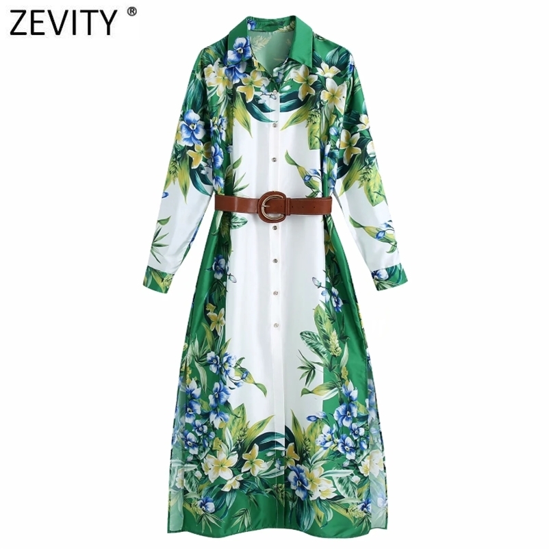 Zevity Women Vintage Green Flower Print Casual Slim Satin Shirt Dress Female Chic Side Split Sashes Kimono Vestidos DS8116 210409