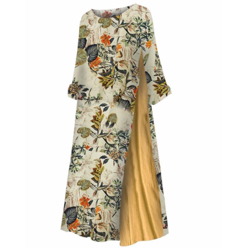 Plus Size Women 3/4 Sleeve O Neck Floral Leaves Print Stitching Loose Maxi Dress Casual Dresses