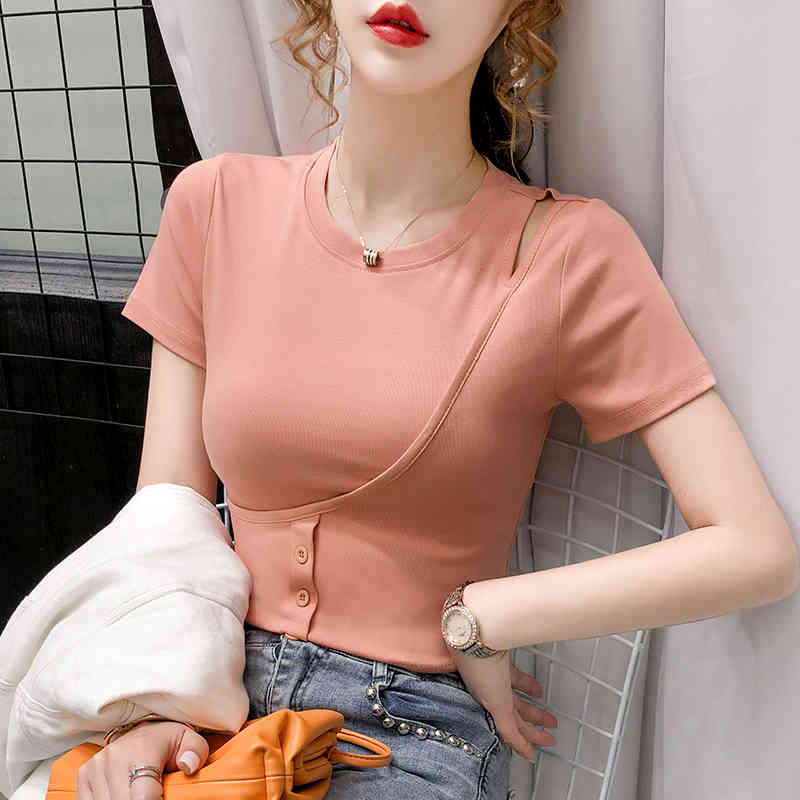 Korean Style T-shirt Women Summer Cotton Short Sleeve T Shirt Tops Tshirt Clothes Solid Slim 9553 210506