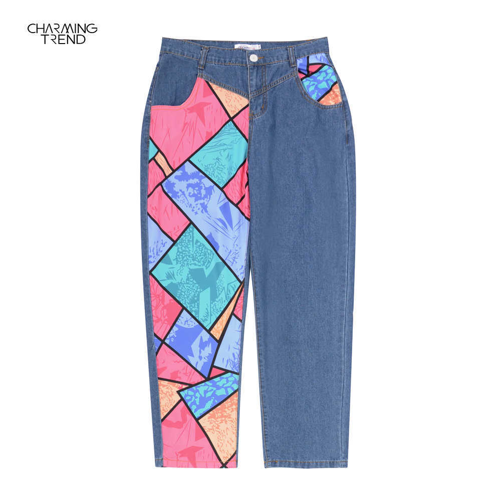 Vintage Boyfriends Jeans Women Denim Standard Loose Pants Retro Printed Patterned 210702