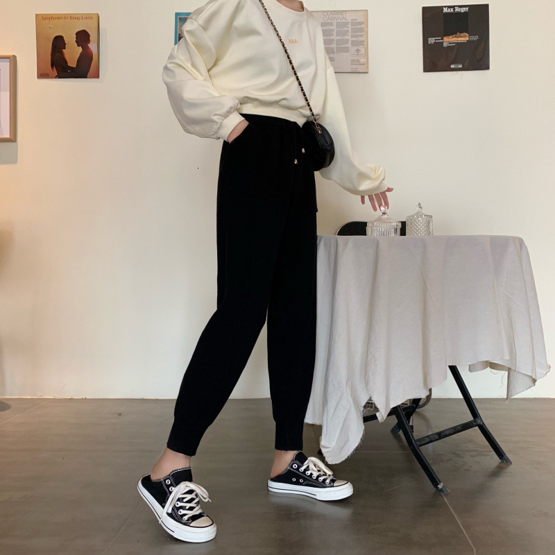 Chic Autumn Winter Drawstring Harem Pants Women Sweatpants Female Loose Trousers Knitted With Pockets Radish pants 210428