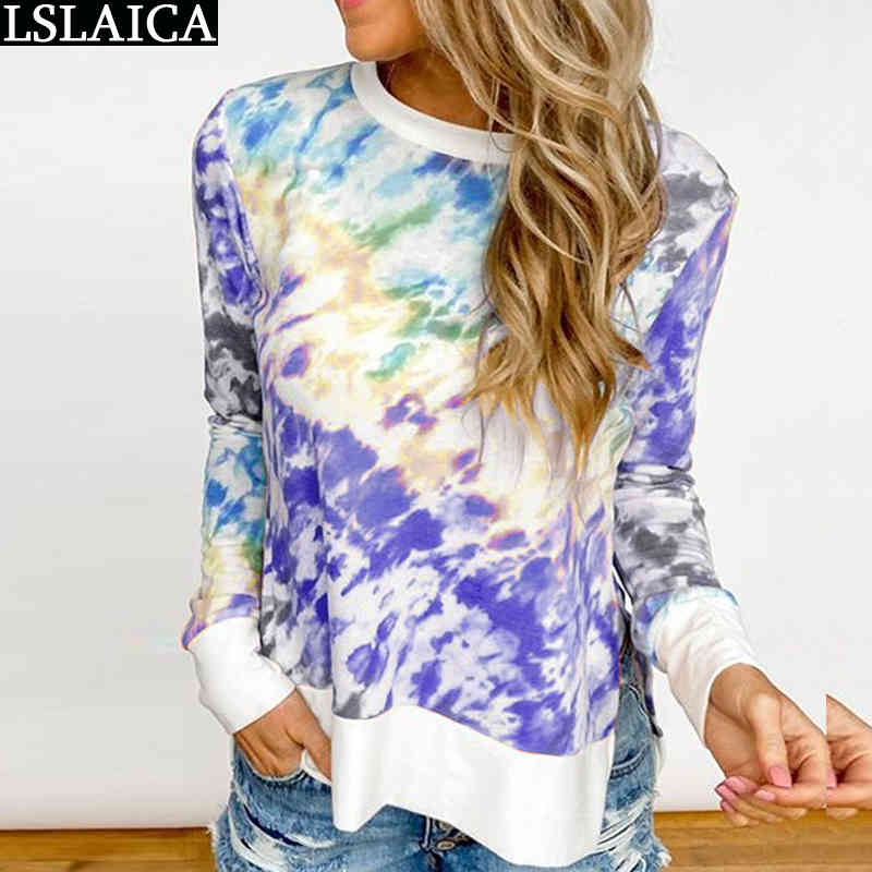 Woman Tshirts Tie Dye Print Vintage Long Sleeve O Shirts For Women Plus Size 5xl Fashion Tops T Shirt Casual Loose 210520