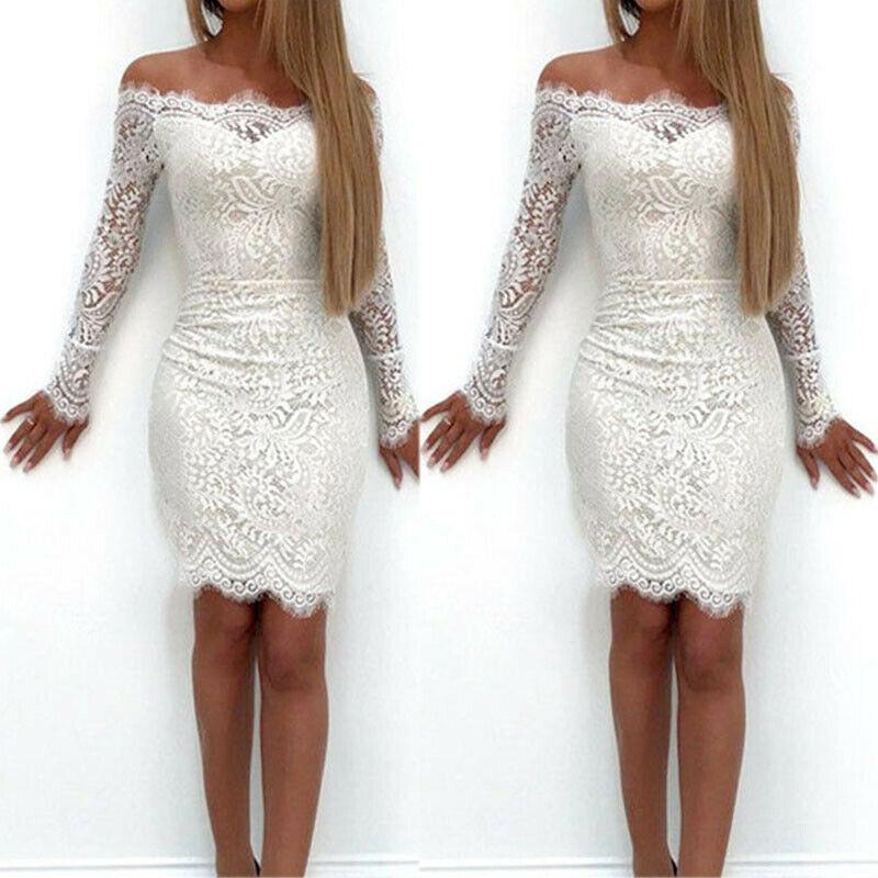 Meihuida 2021 Fashion Elegant White Lace Women Dress One Shoulder Summer Women's Long Sleeve Party Vestido De Mujer Casual Dresses