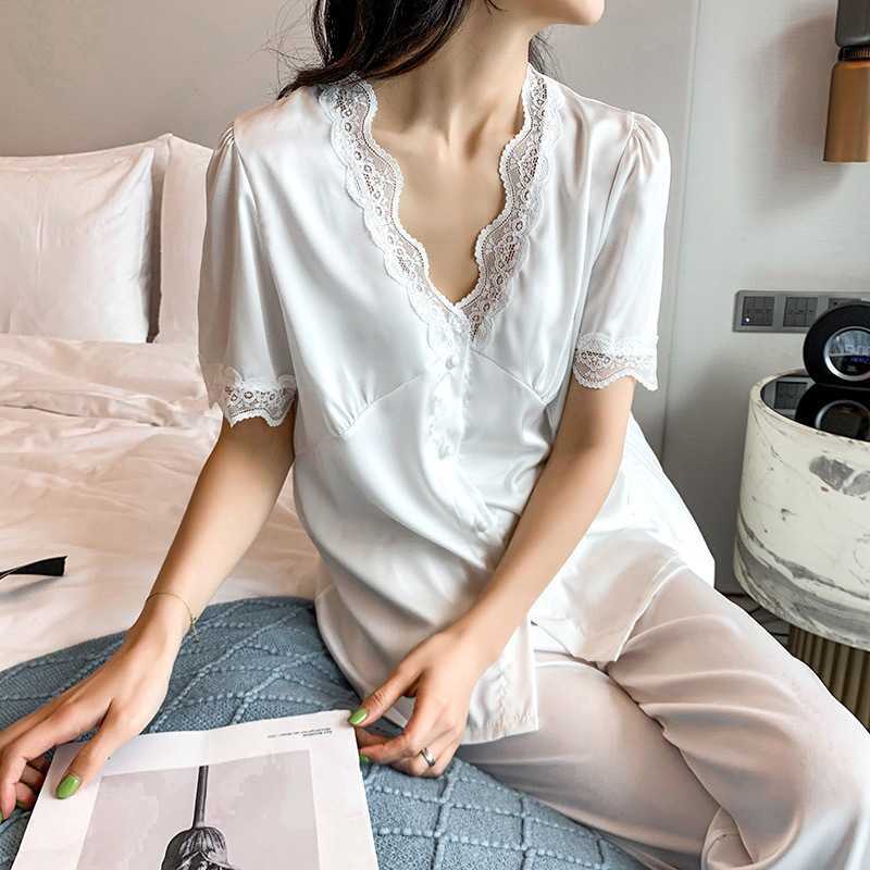 Summer Pajamas Set Women Satin Lounge Wear Sleepwear Casual Shirt&Pants Intimate Lingerie Soft Pyjamas Home Clothes Q0706