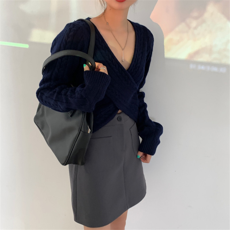 Autumn Winter Sweater Office Lady Work Pullover Solid Sexy V-Neck Long Sleeve Knitted Sweaters Women's Crop Tops 210421