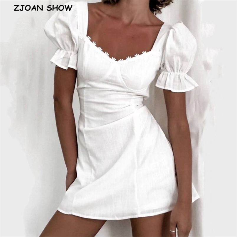 Retro Stitching Lace Square Collar Short Sleeve Dress for Woman White French Mini Dresses Holiday 210429