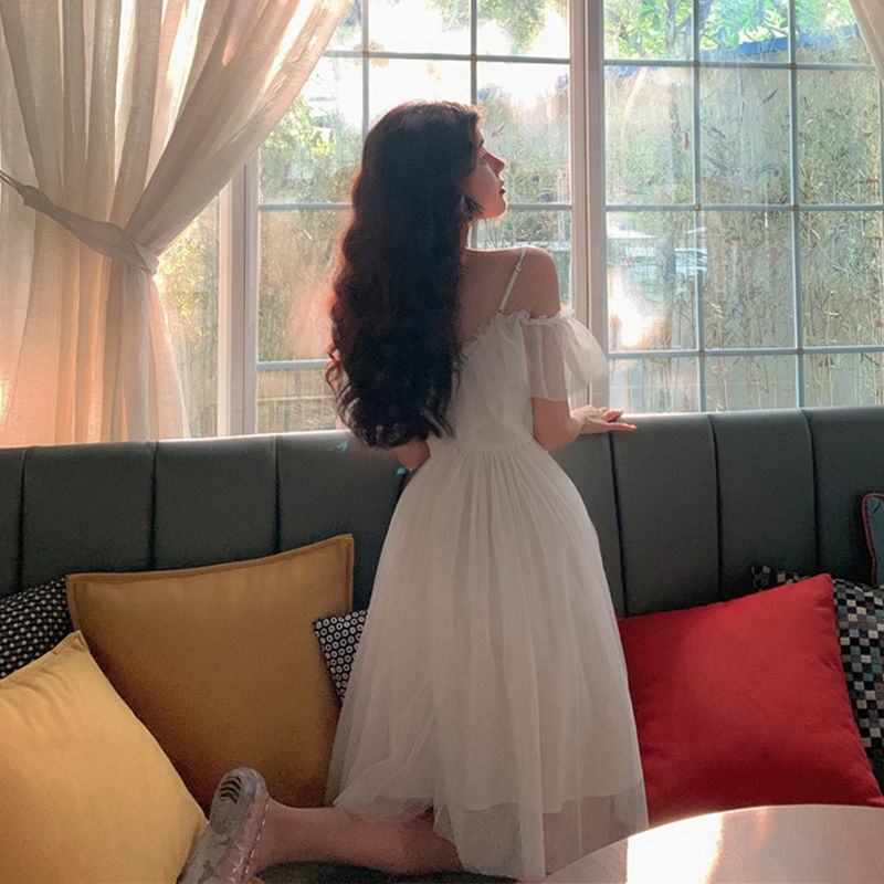 Elegant Solid Summer Dress Women Sexy Off Shoulder Mesh Gauze Robe Korean Dresses Female Spaghetti Vestidos Mujer 25962 210519