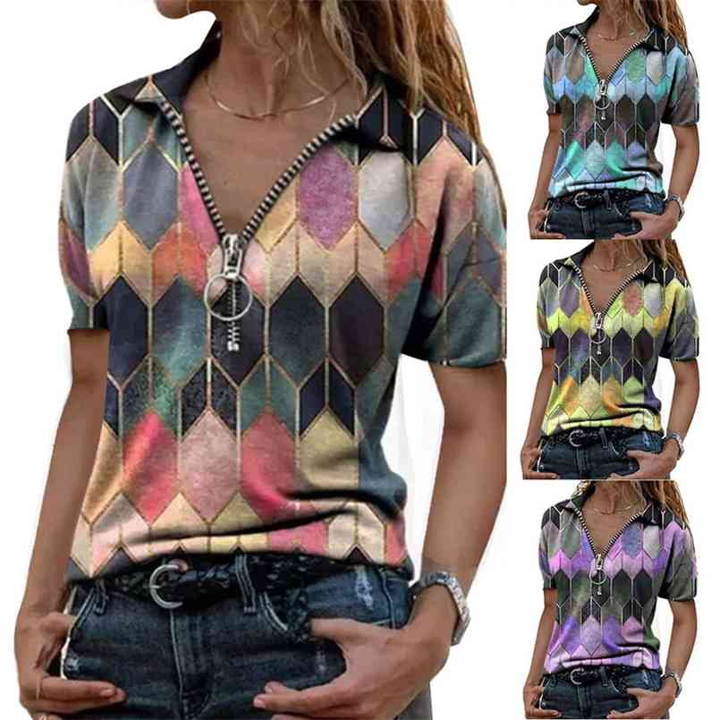 Ladies Polo T-shirt Retro Print Half-Zip V-Neck Short Sleeve Plus Size Tops Summer Casual Slim Street Blue 210708
Ladies Polo T-shirt Retro Print Half-Zip V-Neck Short Sleeve Plus Size Tops Summer Casual Slim Street Blue 210708