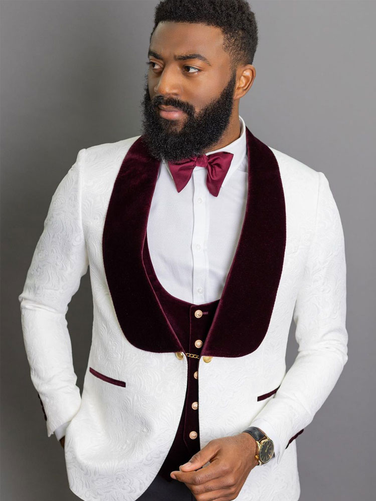 Classy One Button Wedding Tuxedos Shawl Lapel Jacquard Weave Burgundy Mens Suit Three Pieces Groom Wear Prom Blazers With Jackets And Vest Pants
