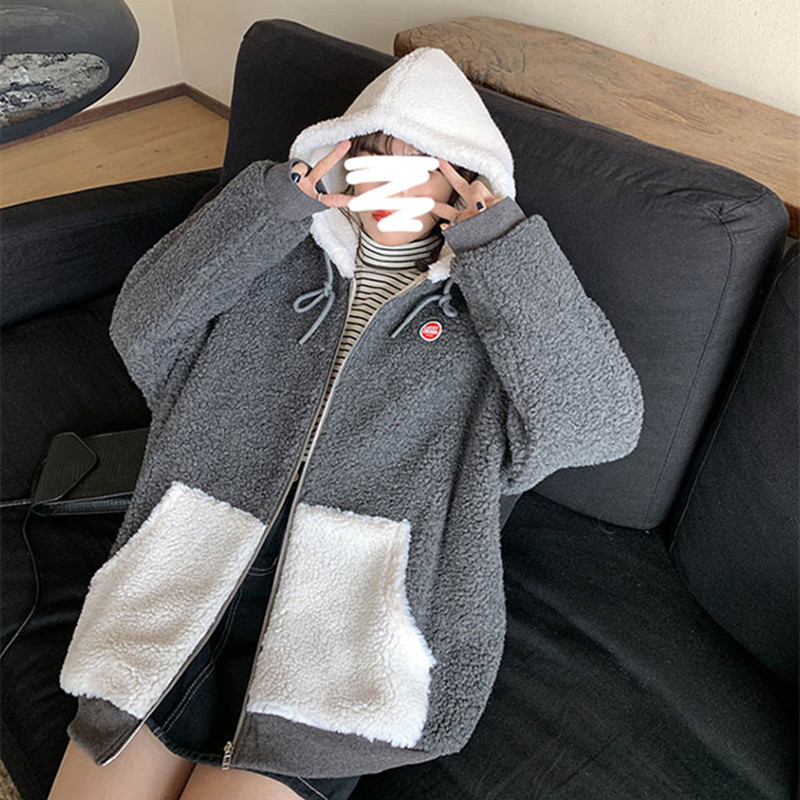 2colors korean style Women Winter Hoodie Coats Warm Zipper Jacket Casual Clothing lamb fur thick warm Coat womens (X1215) 210423