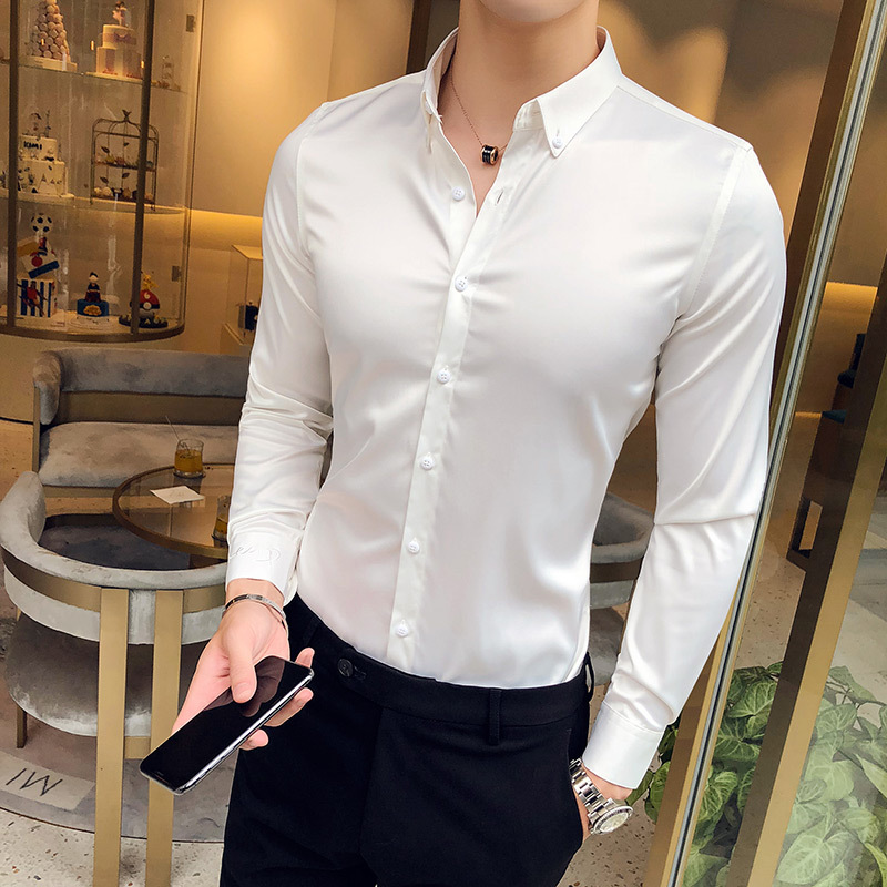 Neckline Embroidery Mens Shirts Long Sleeve Casual Slim Fit Men Dress Shirts Solid Color Formal Business Social Clothing Blouse 210410