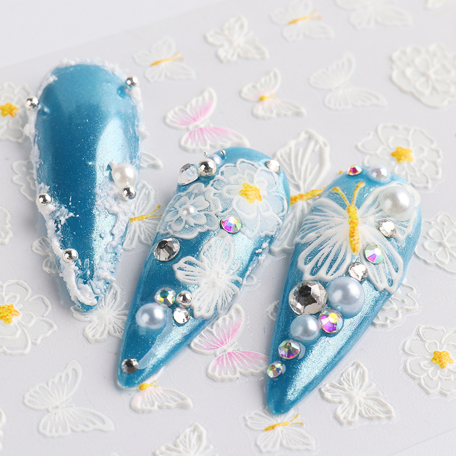 1Sheet White Embossed Flower Lace nail Sticker 5D Floral Wedding Nails Art Design Butterfly Manicure Decals