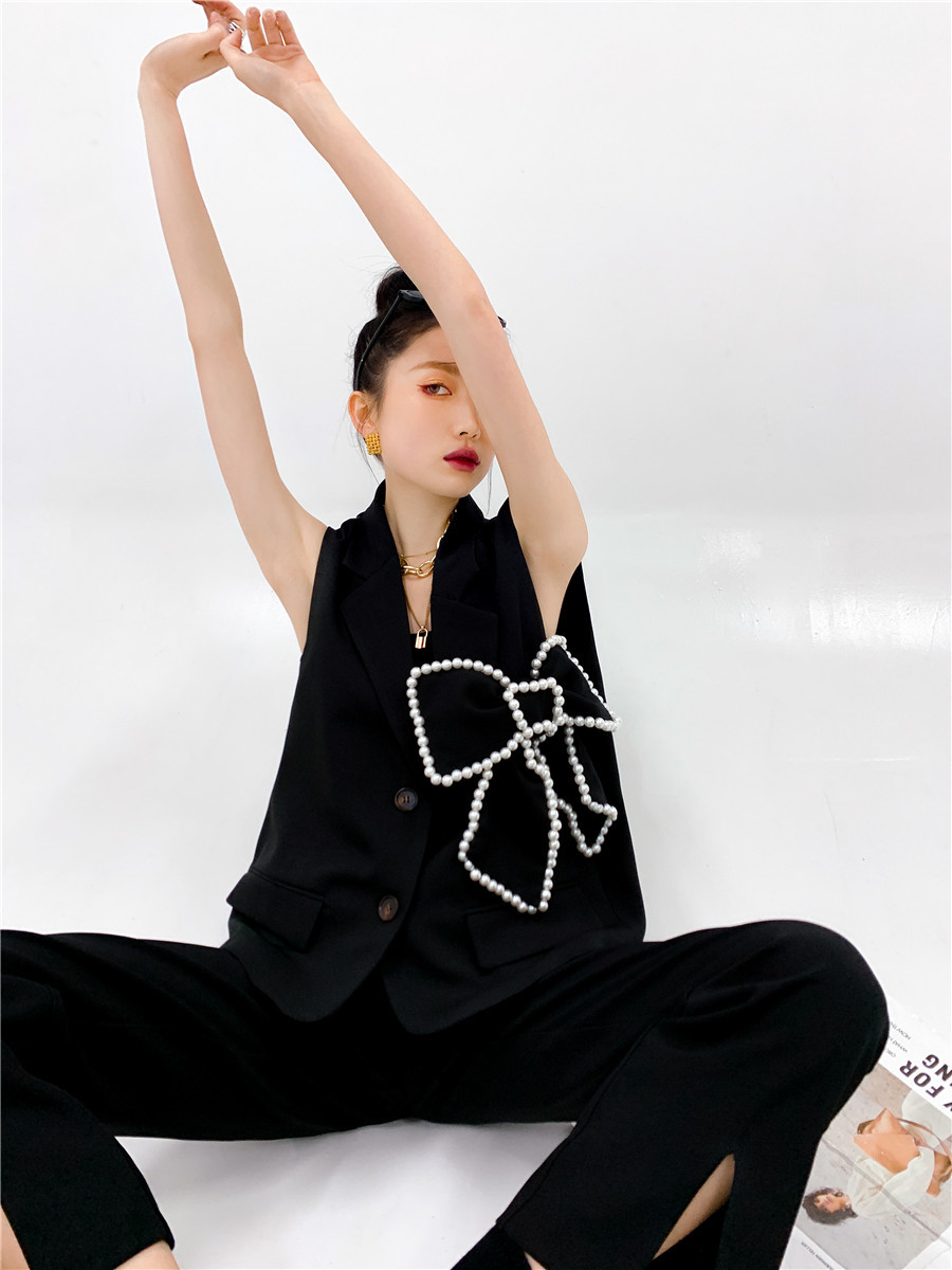 Korean Fashion Vest Sleeveless Jackets For Women Black Pearl Bow Blazer Button Up Waistcoat 210427