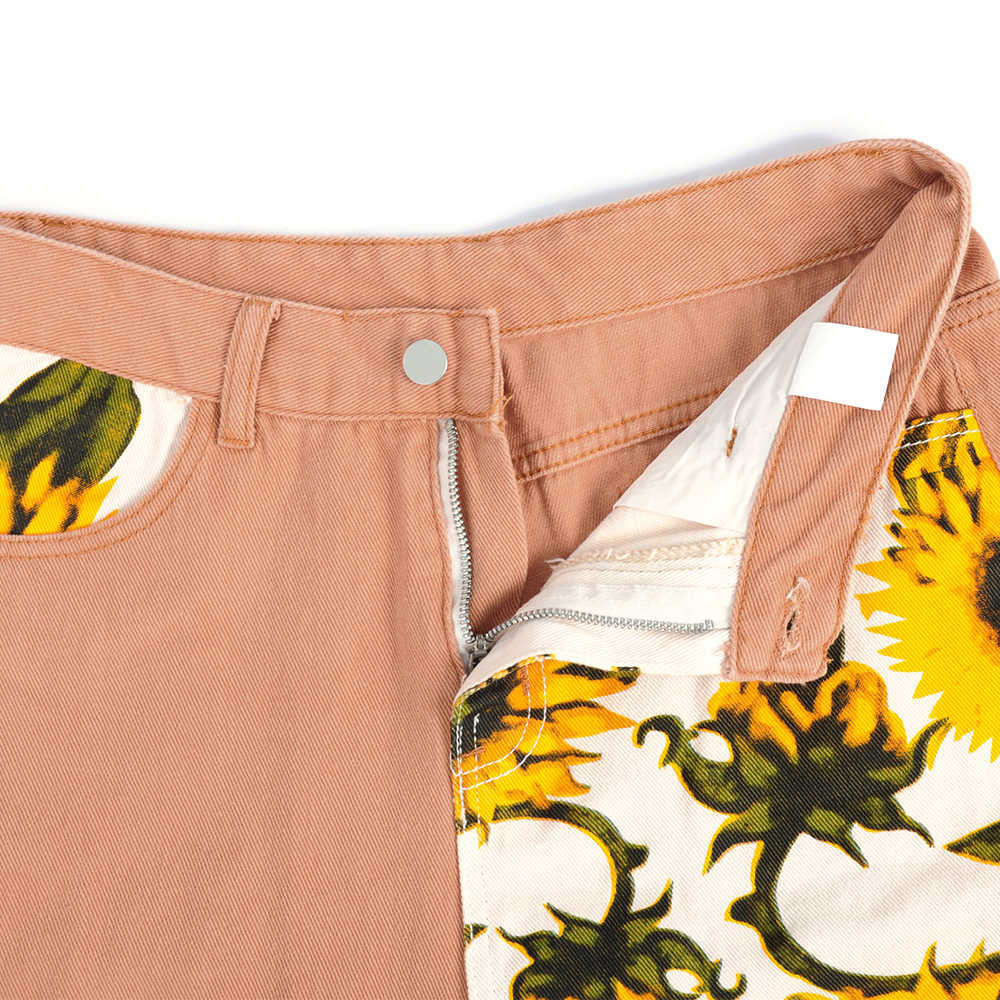 Jeans Woman Vintage High Waist Pants Fit Young Girls Cute Sunflower Stitching Pattern Autumn Winter Trousers Female Orange 210922