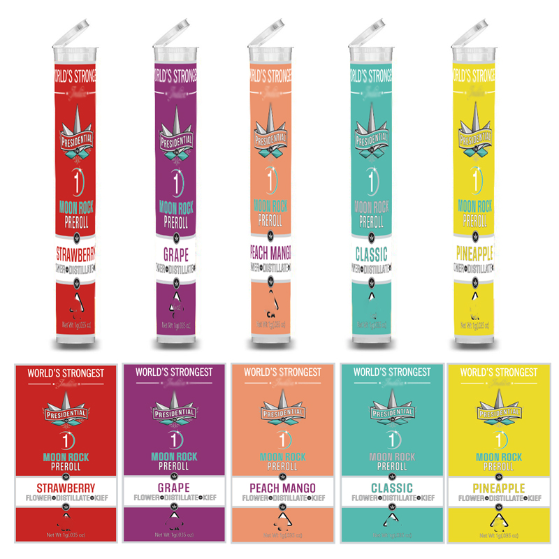 Presidential Moon Rock Blunts PreRolls Packing Tube Empty Plastic Pre-Rolled Packaging Tubes with Moonrock stickers labels customized
Presidential Moon Rock Blunts PreRolls Packing Tube Empty Plastic Pre-Rolled Packaging Tubes with Moonrock stickers labels customized