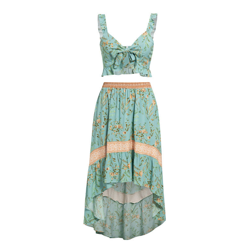 Floral print women summer dress 2 pieces set beach wrap maxi long sleeve casual holiday boho 210415