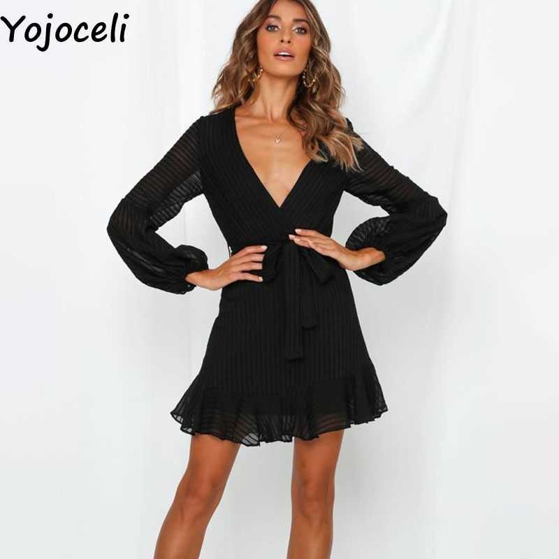 Yojoceli Casual sashes bow ruffle short dres Autumn elegant blue mini beach Elegant daily v neck party 210609