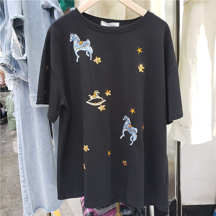 Cartoon Embroidered Sequins Short Sleeve T - Shirt Women's Loose Round Neck Pull Shirts Students Tops Tee Tees A1032 210428, Black
Cartoon Embroidered Sequins Short Sleeve T - Shirt Women's Loose Round Neck Pull Shirts Students Tops Tee Tees A1032 210428, Black