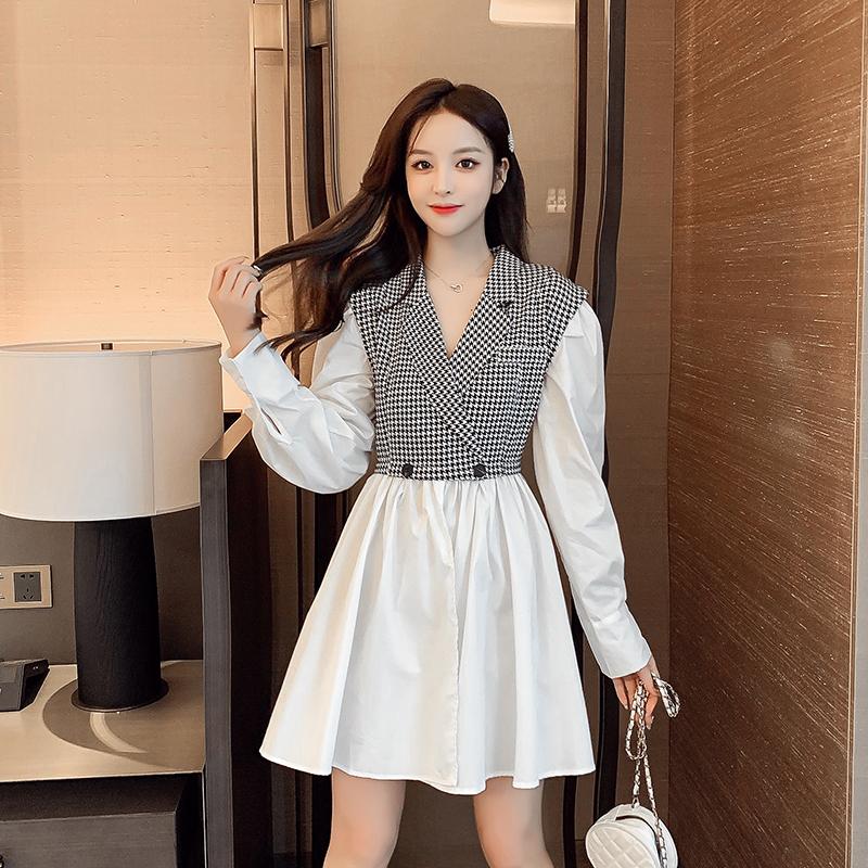 Casual Dresses 2021 Autumn French Niche Plaid A-line Waist Contrast Stitching Suit Collar Dress Long Sleeve Fashion Women
