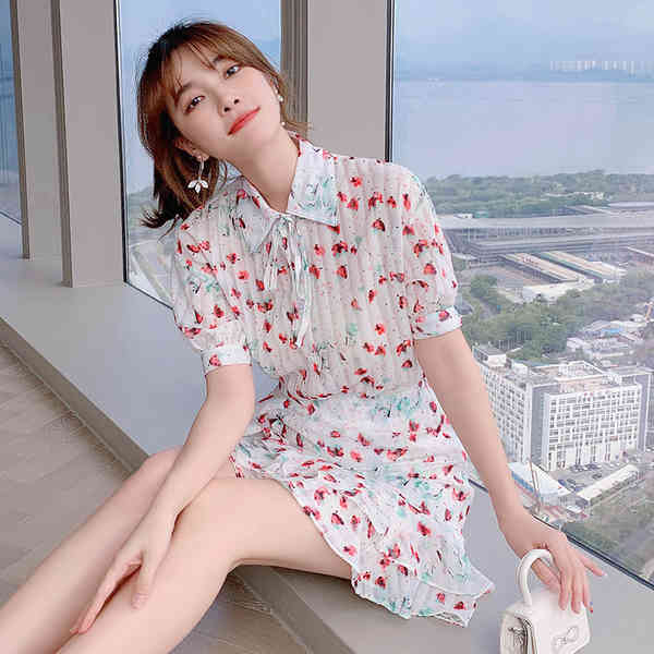 Summer Two-piece Set Women Chiffon Flower Print Lapel Short Sleeve Blouses + Ruffles Mini Skirt Female Sweet Outfit 210519
