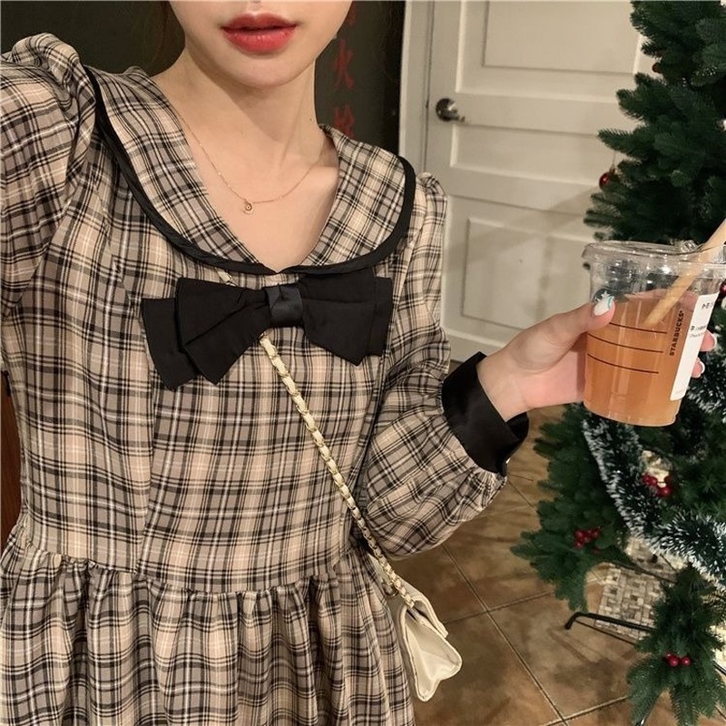 Vintage Plaid Dress Women Spring Long Sleeve Sailor Collar Elegant Sweet Midi Dress Female Party Dress Korean 210521