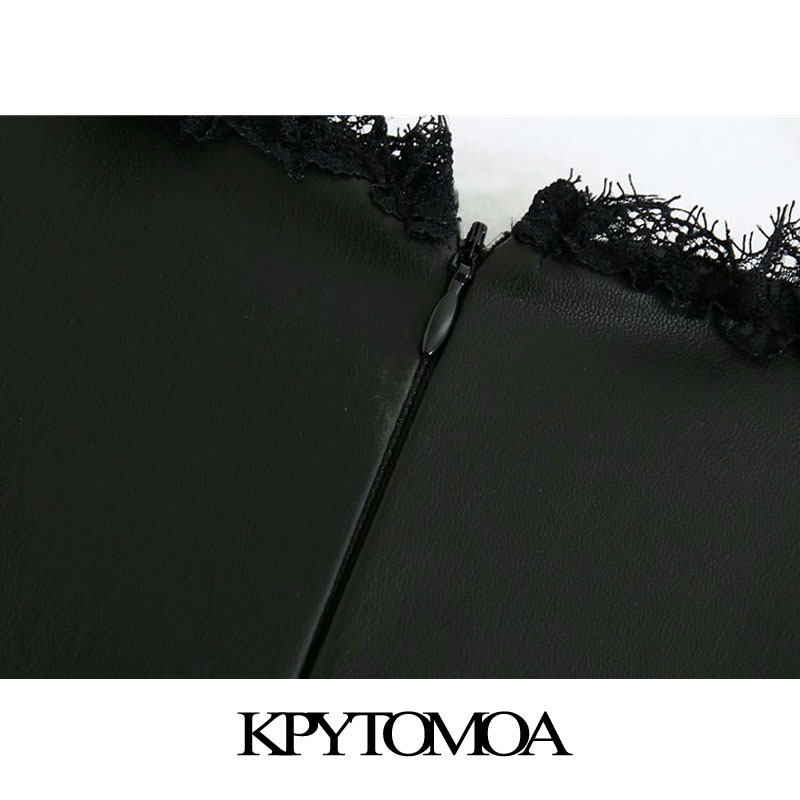 Women Chic Fashion With Lace Faux Leather Midi Dress Back Zipper Ruffled Female Dresses Vestidos Mujer 210420