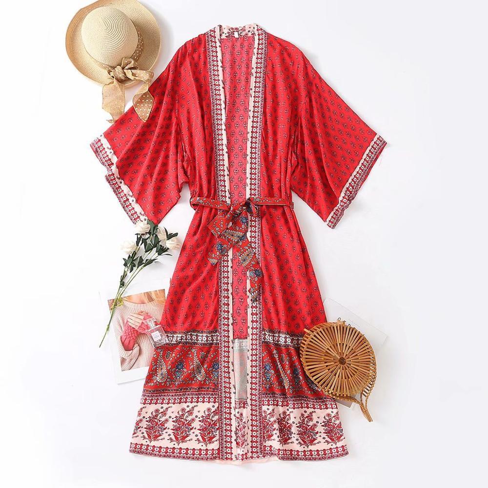 Bohemia V neck Red Floral Print Long Kimono Shirt BOHO Ethnic Lacing up Bow sleeve Cardigan Holiday Blouse Loose 210429