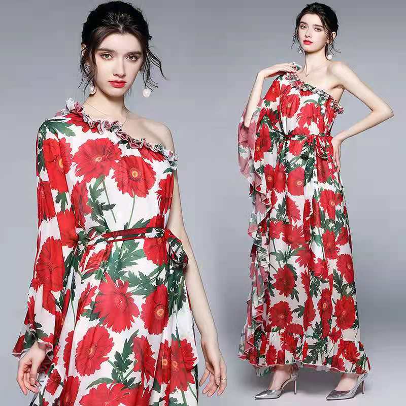 Summer charming one-shoulder women dress lotus sleeve and botttom floral printing elegant style for vacation, Black;gray
Summer charming one-shoulder women dress lotus sleeve and botttom floral printing elegant style for vacation, Black;gray