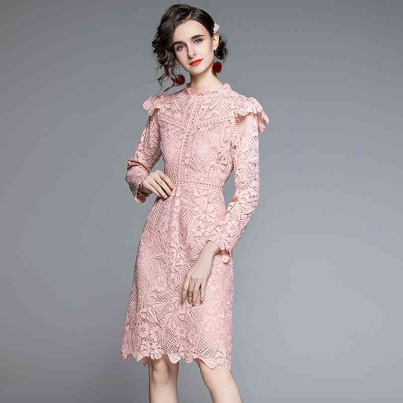 Fashion Runway Spring Pink Lace Dress Women's Stand Collar Long Sleeve Hollow Out Elegant Party Vestidos 210520