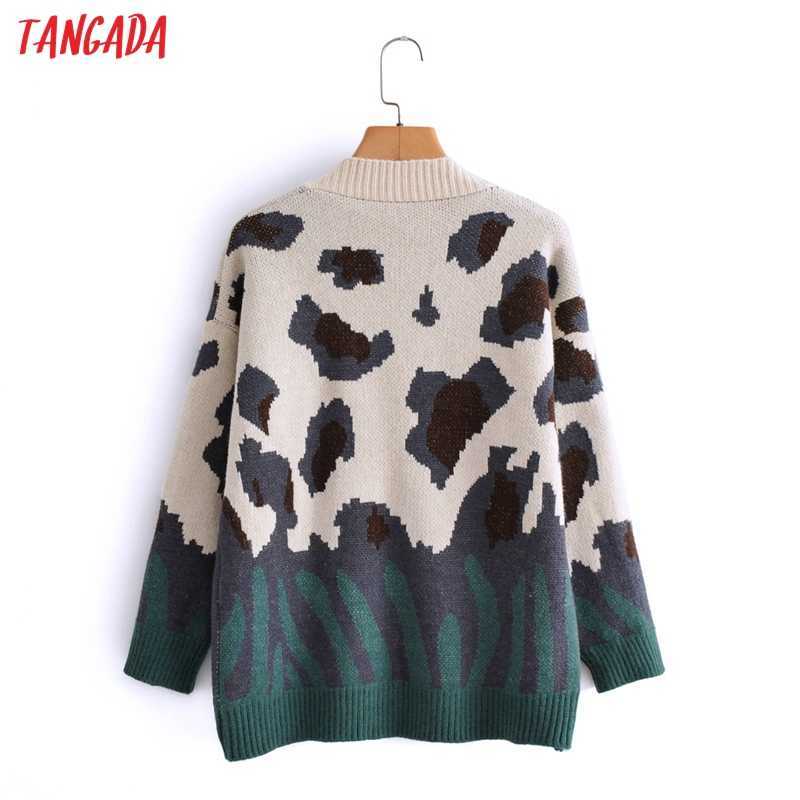 Tangada Autumn Women Green Leopard Print Knitted Cardigan Sweater Jumper Vintage Long Sleeve Button-up Female Outerwear 3A5 210914