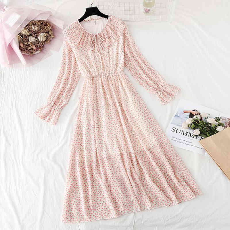 Spring Summer Vintage Print Long Sleeve A-Line Dress Women Sweet Doll Collar Mid-Calf Chiffon Dress Elegant Ruffles Dresses 210521