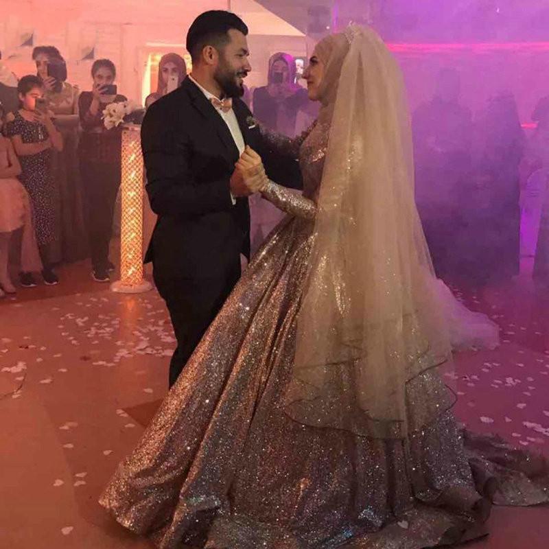 Gold Arabic Rose Sequine Plus Size Muslim High Neck Sleeve Dubai Long Bridal Wedding Dress Vestido De Novia Custom Made